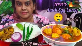 BIGBITES EATING, SPICY DUCK EGG CURRY WITH CAULIFLOWER, FISH OIL WITH VEGETABLE,HUGE BASHMATI RICE..