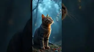 Mystical Forest Cat Under Fireflies Fantasy Animal Art Magical Cat in Enchanted Woods Nature Print