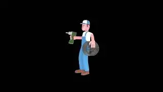 3D Cartoon Mechanic Turntable | Focused Mechanic with Green Drill & Car Rim