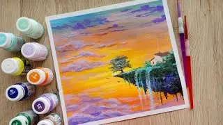 Красивый закат с водопадом / Акриловые краски / Рисуем пошагово
