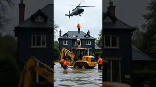 Animal rescuers rescuing a cow from the flood using JCB and helicopter #jcbexcavator #usa