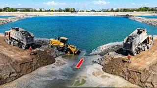 Nice Team Work Machinery!  Sand Filling Up Wheel Loader & dozer Pouring Stone Lake With 25.5t Trucks