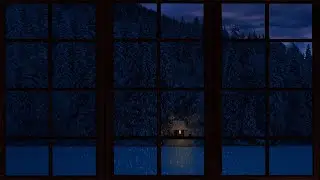 Winter Window Projection | Falling Snow & Warm Cabin Light in Dark Forest