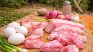 Village Style Pork & Egg Curry | Big Raw Pork Pieces 🔥 | Outdoor Cooking
