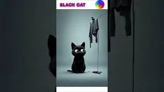 Black Cat Stares Intently at Bird on Clothes Rack