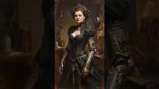 A woman in a black steampunk gown with metallic arm guards