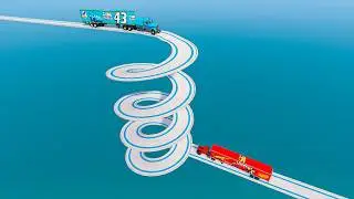 Mack Truck vs King Dinoco Truck vs Impossible Spiral Bridge Vs Cliff and Deep Water - BeamNG.Drive