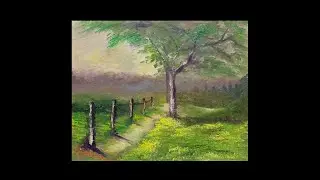 landscape tree ,foreground along with fence and greenery oil painting