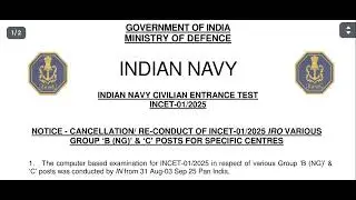 Indian Navy INCET 01/2025 Exam CANCELLED | Official Notice Out | Re-Exam Update
