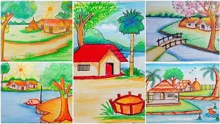 Best 5 village scenery drawing easy | village natural scenery | Realm of art