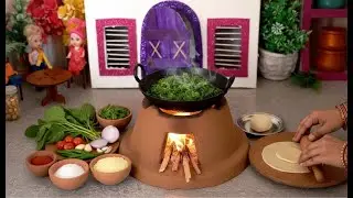 Miniature Saag & Chapati Recipe | Tiny Village Cooking Real Food | Mini Handi Roti