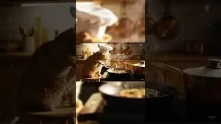 cat cooking steak with chef hat