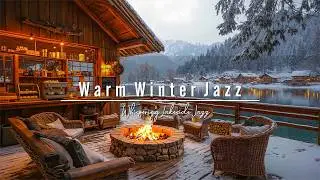 Warm Winter Jazz ❄️ Snowy Lakeside Cabin Caf&eacute; Porch by the Cozy Fireplace for Focus & Unwind ☕