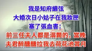 我是知府續弦，大婚次日小姑子在我妝匣塞了張血書：前三任夫人都是溺斃的，當晚夫君醉醺醺拉我去荷花池賞月#一口气看完 #完结爽文#宫墙往事#古言#大女主#甜宠#宫斗