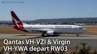 Qantas Airways (VH-VZI) and Virgin Australia Airlines (VH-YWA) depart RW03 at Perth Airport.