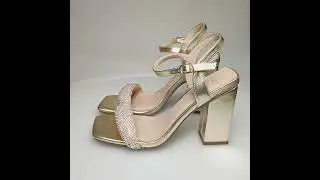 Sandale Aurii Elegante Toc Comod Patrat Cristale MENBUR