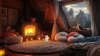 Cozy Autumn Fireplace & Rain on Window | Cozy Space with Sleeping Cat and Fireplace