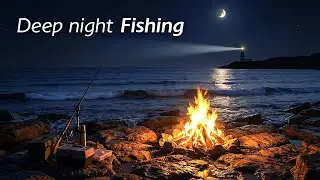 Night Fishing by the Campfire | 1 Hour Calm Ocean Ambience