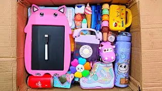 Unboxing modern stationery items, labubu sipper bottle, piggy bank, sharpener, pouch, pencil box 
