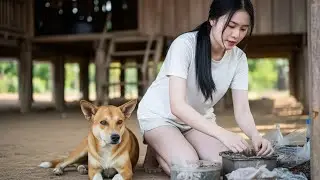 A Girl and Her Dog | Primitive Survival in Khmer Mangrove Forest
