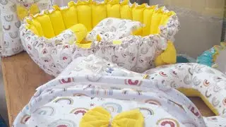 Round bed with mosquito net and pillow | Basket |Feeding pillow | Holder