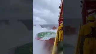 Oil Rig Workers RUN From ROGUE WAVE CRASH! 😱 #RogueWave #OilRig #NorthSea #BigWave