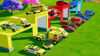 TRANSPORTING CARS, AMBULANCE, POLICE CARS, FIRE TRUCK OF COLORS! WITH TRUCKS! - FARMING SIMULATOR 22