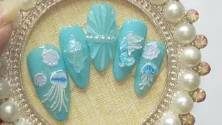 sea/water theme nail art design | underwater creatures and seashell nail art design