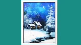 How To Draw A Moonlit Snow Scene | Cozy Home in the Snowy Forest | How To Draw A Snow Landscape