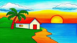 Sunset Beach Drawing | Colored Pencils