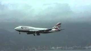 British Airways B747-436 [G-BNLE] Strongwind Landing Hong Kong (HKG/VHHH) HD 720p