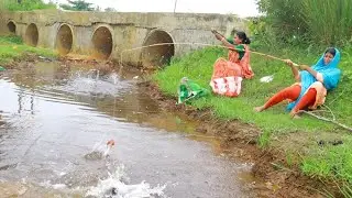 Fishing Video | Two village women are fishing from a big canal | traditional girls hook fishing