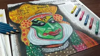Easy Kathakali face drawing on newspaper background/ oil pastel drawing /Kathakali drawing