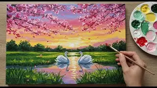 Swan Acrylic Painting Tutorial | Cherry Blossom Scenery Painting