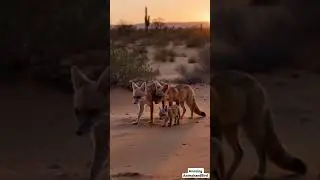 Adorable Kit Fox Family Stroll at Sunset: Two Parents and Their Playful Baby Foxes!