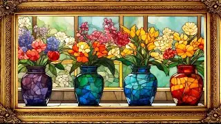 Stained Glass Art Screensaver | Vintage Gleaming Floral Art  | Framed Art For Your TV| 4K 2Hrs