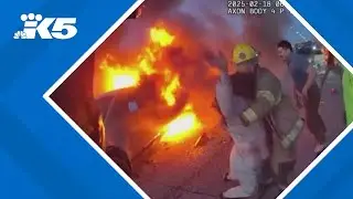 Off duty police officer, firefighter save woman from burning truck