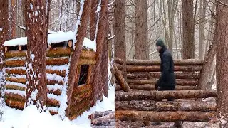 Winter bushcraft constructing a warm winter shelter for survival in the wild woods.