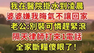 我在醫院掛水到凌晨，婆婆嫌我晦氣不讓回家，老公:別裝可憐趕緊滾，隔天律師打來1電話，全家斷糧傻眼了！#小說 #人生感悟 #故事分享 #故事頻道 #正能量 #情感故事 #情感 #感情