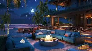 Beachside Bar at Night | Reading & Focus Ambiance | Ocean Waves & Fire Sounds
