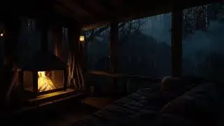 Cabin Night and Warm Fireplace help to Sleep well and Relaxation on Rainy Night Forest