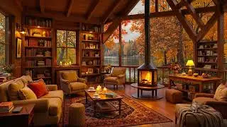 Serene Autumn Porch Ambience 🍁 Fireplace Crackle with Smooth Jazz Piano & Rain for Calm Inspiration