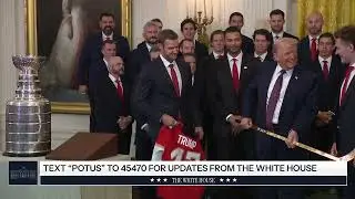 Donald Trump got a golden hockey stick today. His reaction is exactly as you would expect.