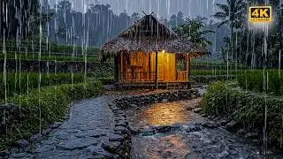 Heavy Rain Sounds for Sleep No Thunder at Bamboo Hut: River Canal & Rice Field Ambience Night