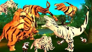 Tiger Mammoth Team vs Tiger T-Rex | Epic Battle for Animal Territory | Cartoon Cow | Wild Animals