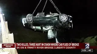 2 killed, 3 injured in crash where car flies off bridge in Liberty County: Deputies