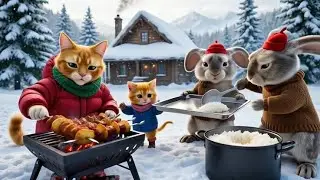 A Cozy Winter Feast 🐱🐰 | Friends Sharing Warm Food in a Snowy Cabin | Relaxing Cinematic Story