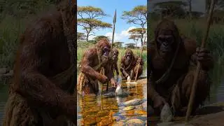 🌊 Humanoid Neanderthals Fishing &mdash; Ape-like Facial Anatomy. #prehistoriclife #africa #ancientsurvival