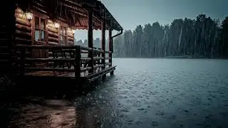 Forest Lake Wooden Cabin Surrounded by Heavy Rainstorm | Deep Sleep Rain and Cozy Night Ambience