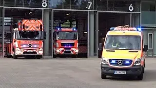 3 German fire trucks responding to call from Fire Station №1 in Frankfurt am Main